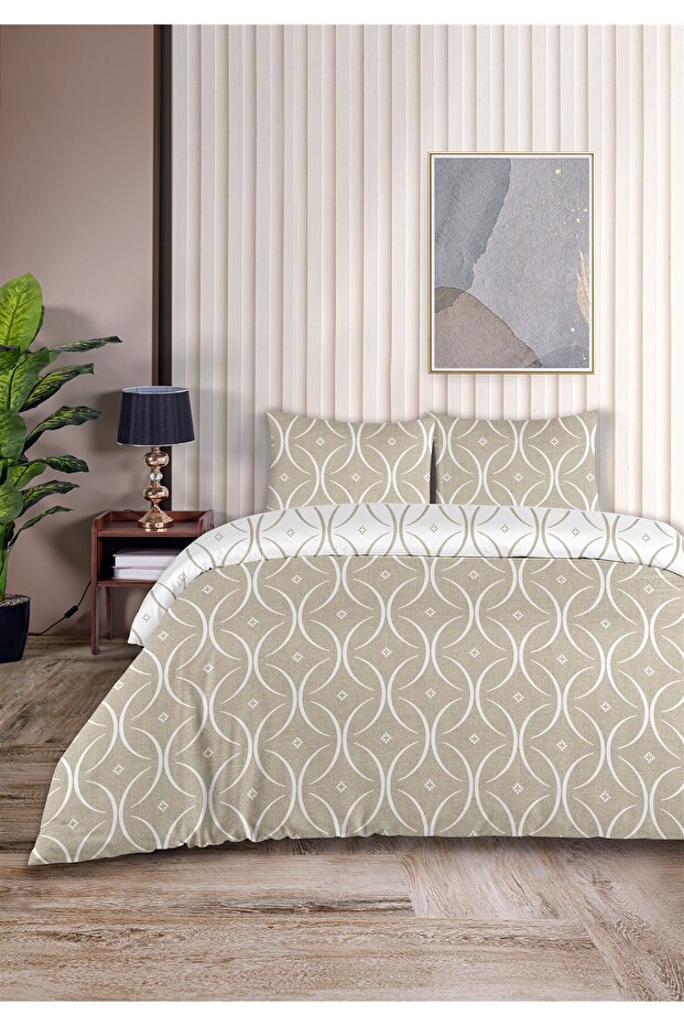 Focus 100% Cotton Akfil Cotton Double Duvet Cover Set 200X220Cm Beige White