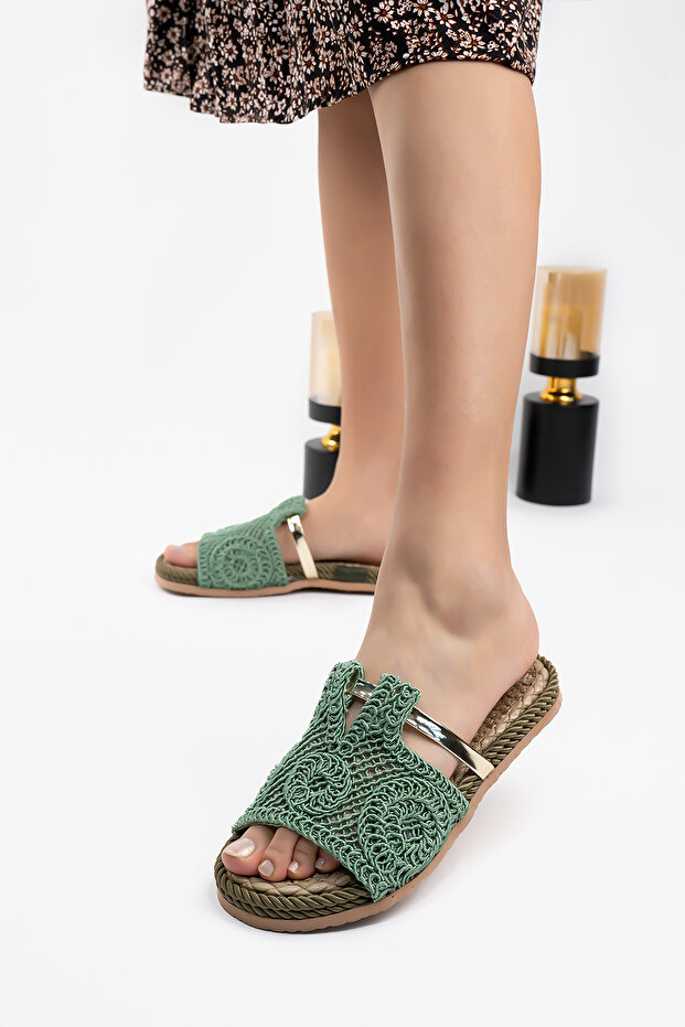 Kadın Dantel Örme Yeşil Terlik - 3