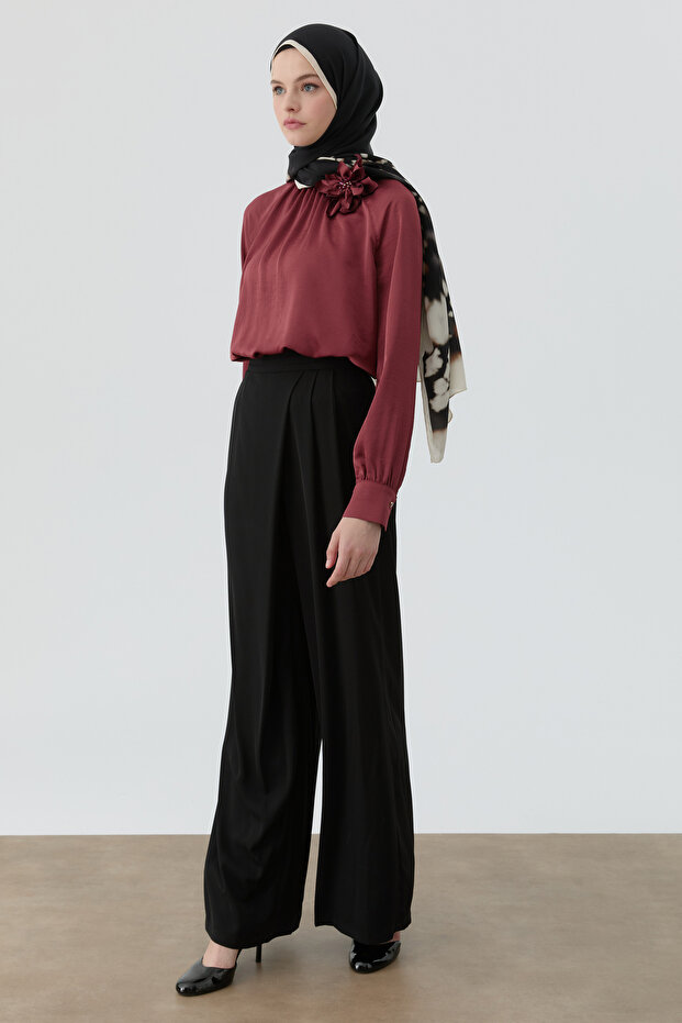 Anvelop Pileli Pantolon - Siyah - 3