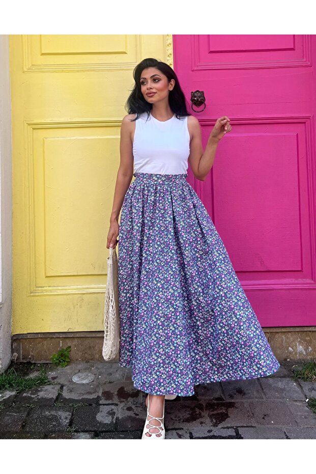 Indigo Blue-Lilac Floral Flared Poplin Skirt