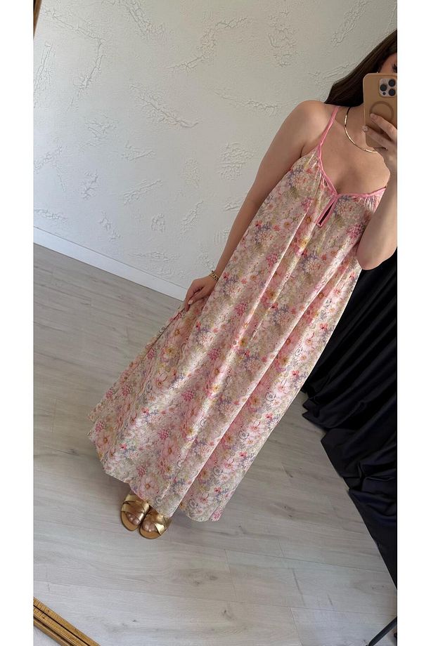 Çıtır Çiçekli İp Askılı Elbise Pembe - 2