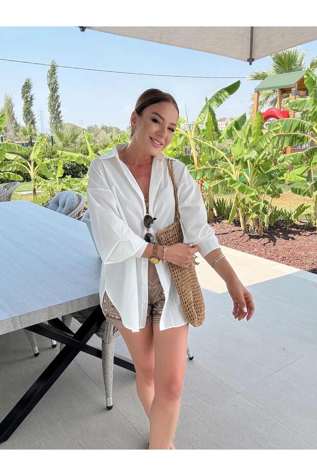 Etnik Nakış İşlemeli Şort BEJ - 3