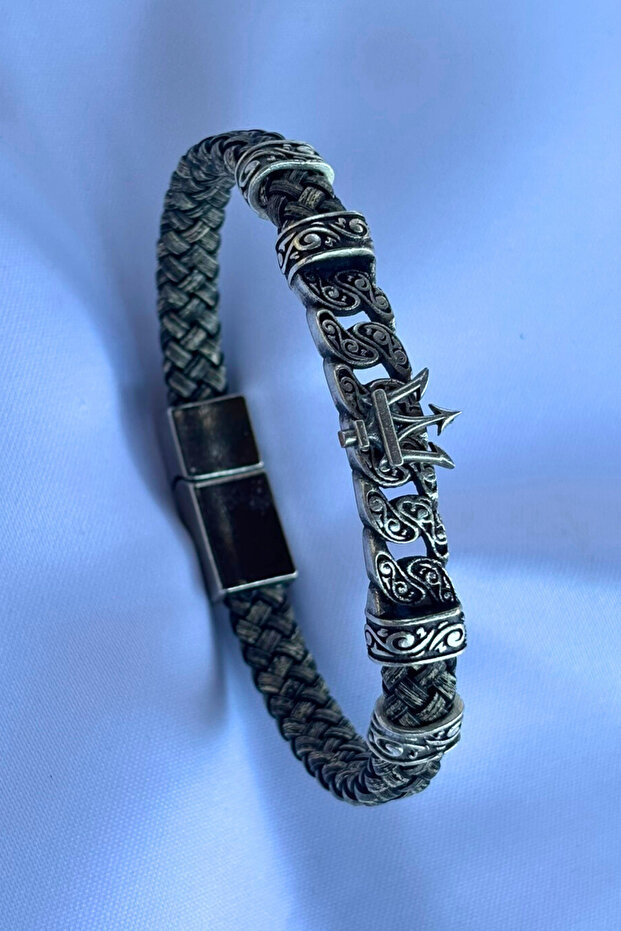 Genuine Leather Men's Bracelet Made with Spear Figure Handcrafted
