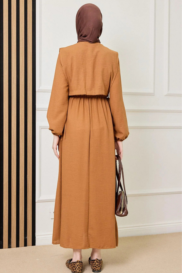 Parçalı Keten Elbis - 3