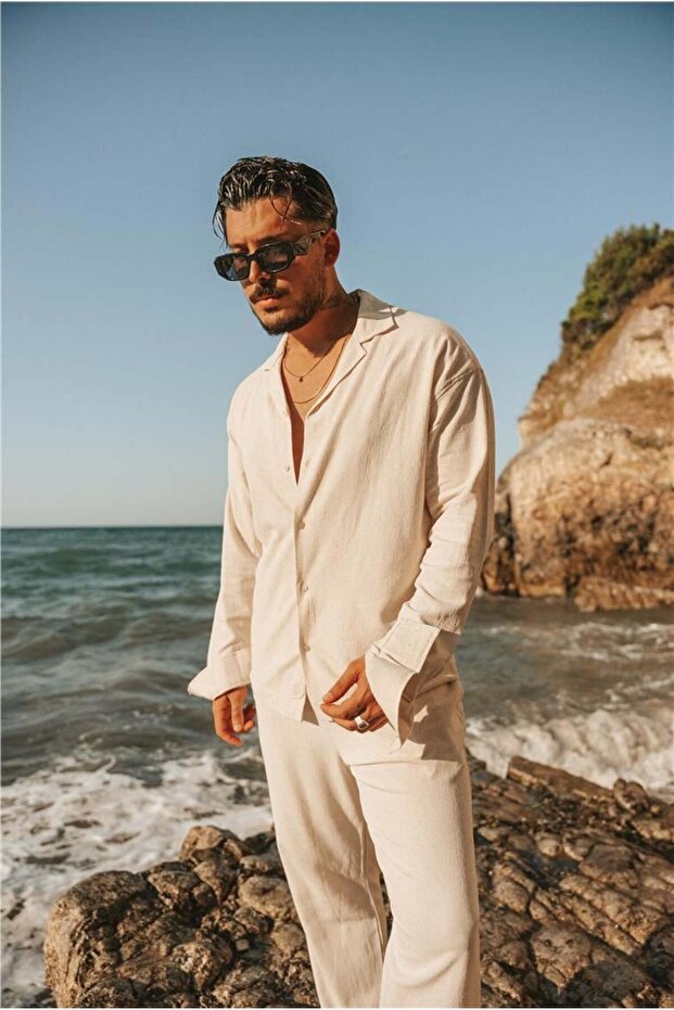 Keten Basic Oversize Gömlek Bej - 4