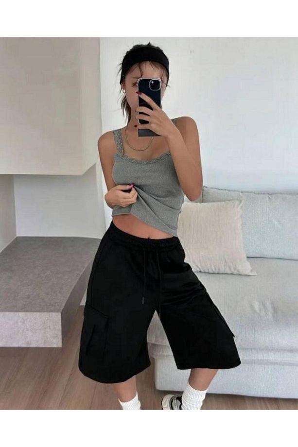 Y2K Unisex Kargo Cep Şort Bermuda Siyah - 4