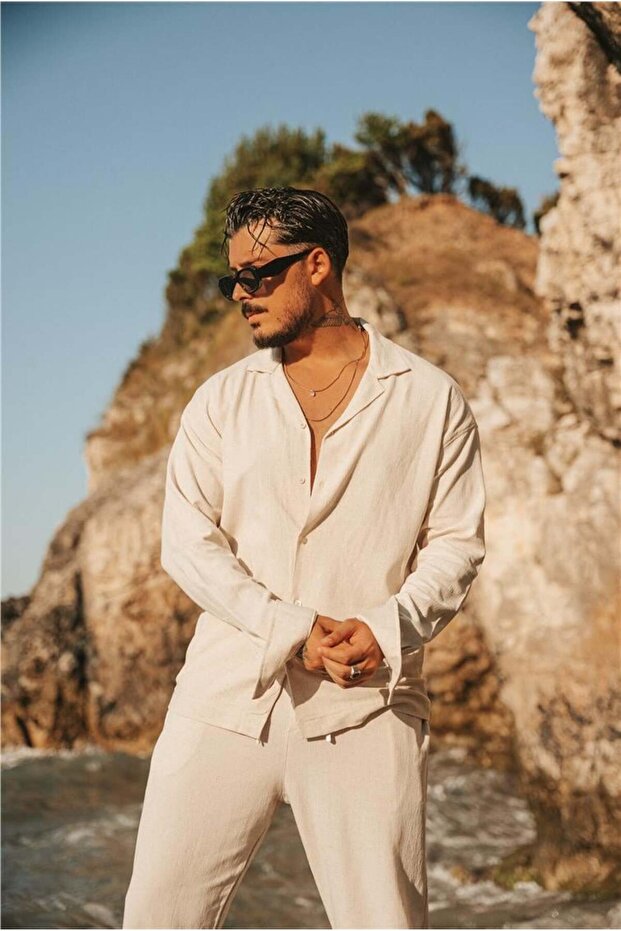 Keten Basic Oversize Gömlek Bej - 3