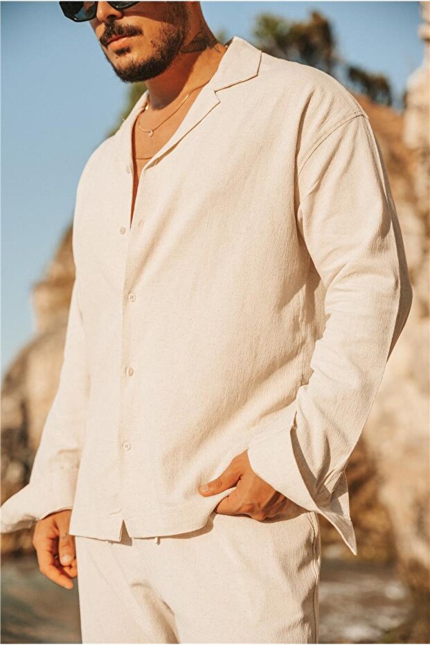 Keten Basic Oversize Gömlek Bej - 6