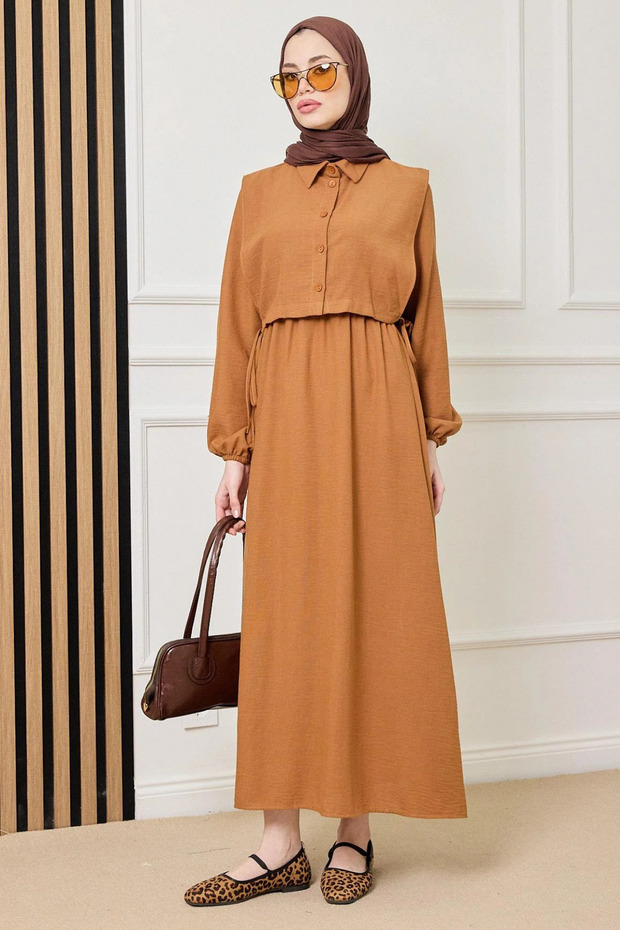 Parçalı Keten Elbis - 2