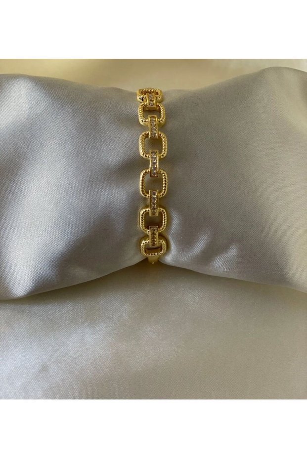 Women's Steel Gold Color Zircon Stone Design Handcuff Bracelet