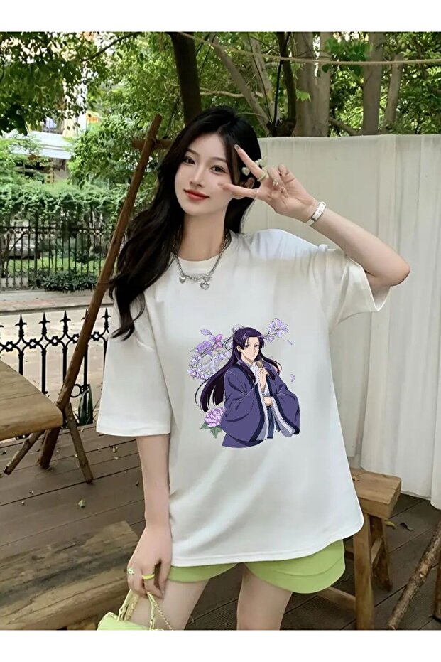 White Anime Jinshi Purple Flowers Printed Unisex Oversize Tshirt