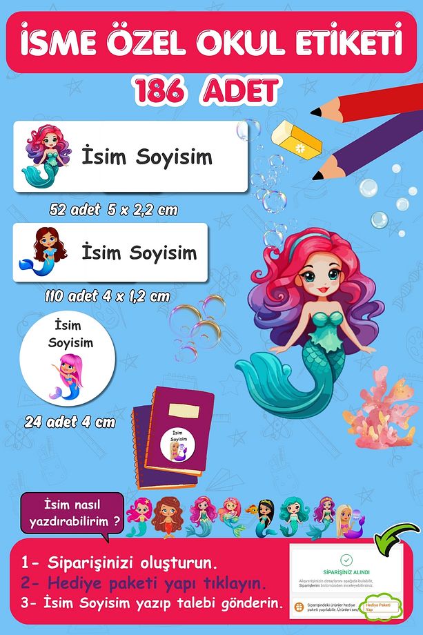 Deniz Kızları Temalı Isme Özel Yazılabilen Etiket/ 186 Adet- Defter-kalem-kitap/ E025-okul Etiketi - 1