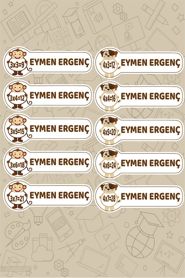 Eğitici Öğretici Çarpım Tablolu Okul Etiketi İsme Özel Su Geçirmez Kendinden Yapışkanlı - 5