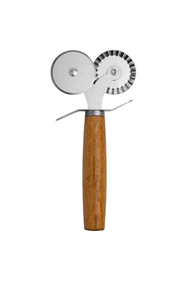 Double Steel Blade Pizza Cutter Dough Roller with Wooden Handle
