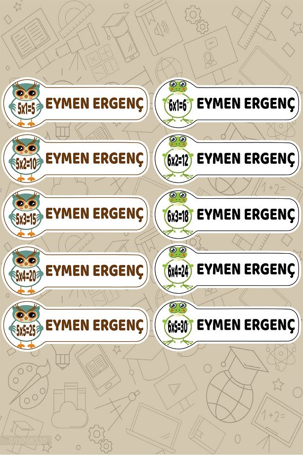 Eğitici Öğretici Çarpım Tablolu Okul Etiketi İsme Özel Su Geçirmez Kendinden Yapışkanlı - 4