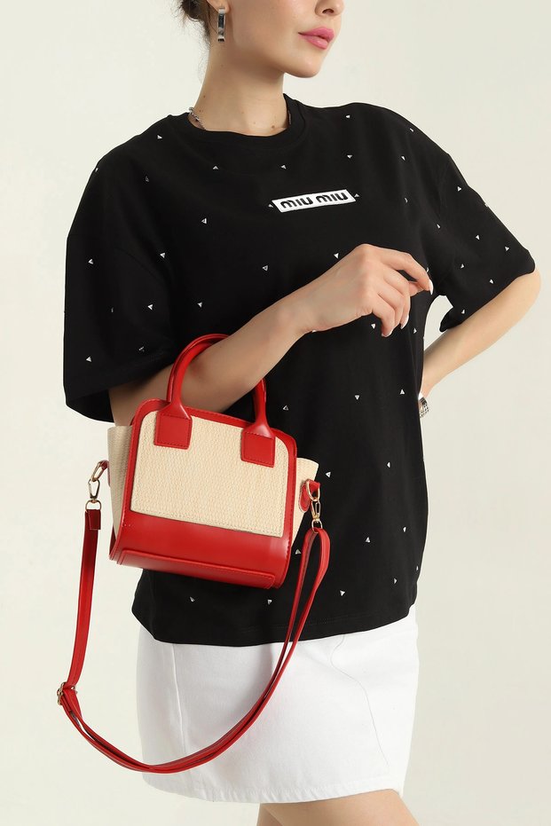 Red Women's Shoulder and Hand Bag with Straw Look Leather Detail – Summer & Stylish Mini Bag