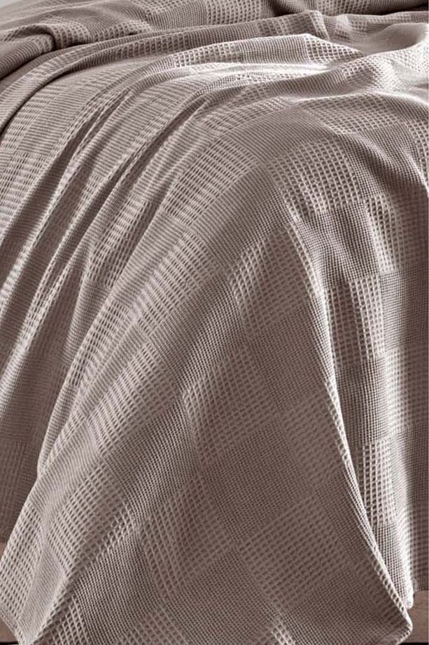 Tek Kişilik %100 Pamuk Pike Örtü 160x230 cm – Karo Desenli Camel – Weave Serisi - 2