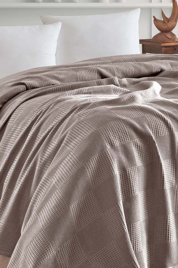 Tek Kişilik %100 Pamuk Pike Örtü 160x230 cm – Karo Desenli Camel – Weave Serisi - 3