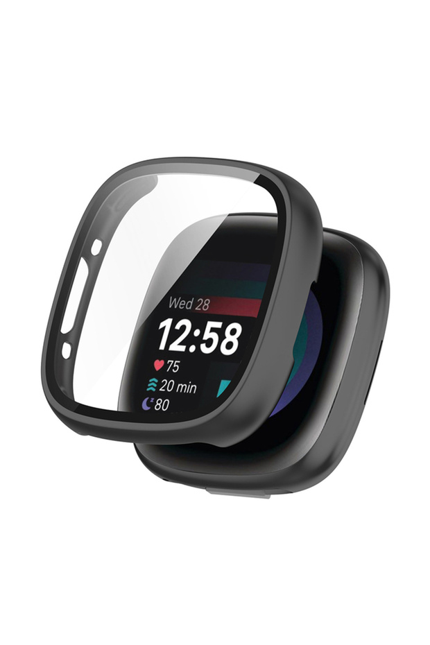 غطاء واقٍ من الزجاج الأسود لساعة Fitbit Versa 4 Versa Versa 4 مصنوع من مادة البولي كربونات الصلبة وشاشة عالية الدقة