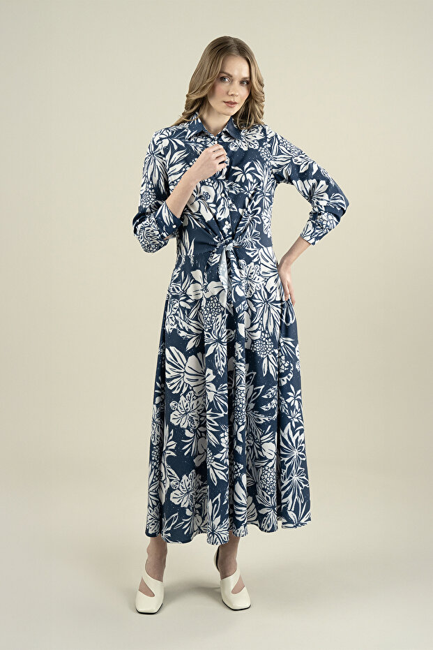 فستان متوسط ​​الطول منقوش بفيونكة - 1