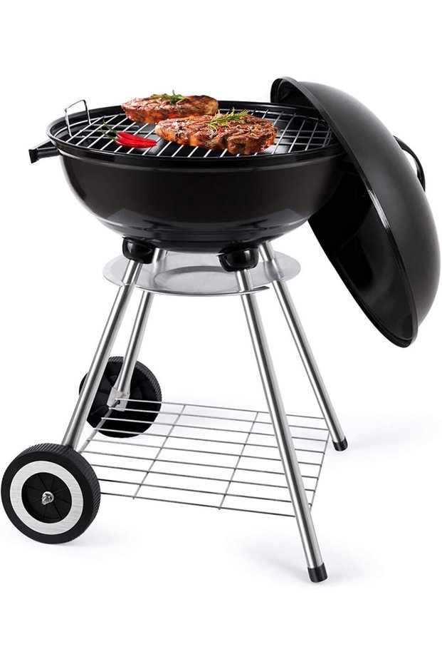 Trolley Charcoal Barbecue Grill A picnic BBQ Outdoor Patio Garden with Side Trays and Storage Shelf
