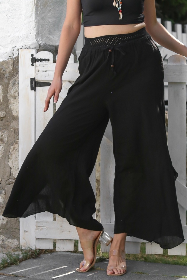 Black Pocket Lined Elastic and Tie Waist Wide Leg Casual Woven Trousers 105 65