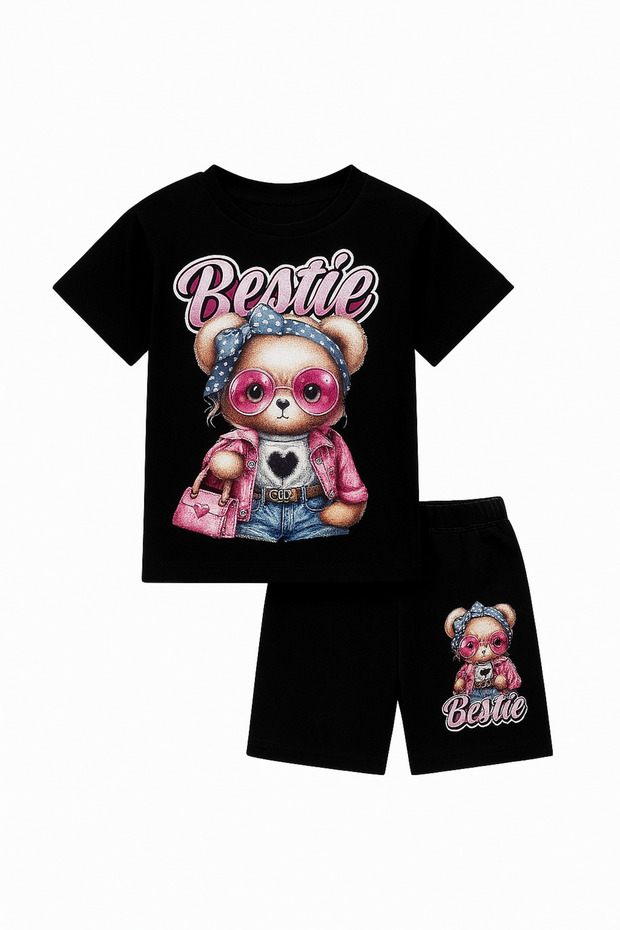 Bestie Black and Pink Color Girl's Set - Teddy Bear Printed T-Shirt & Shorts Set of 2