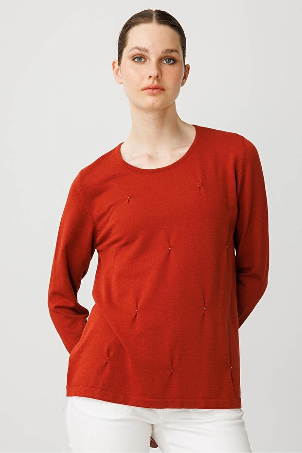 Women's O-Neck Front Pleated Beaded Ligral Blouse K.Kiremit