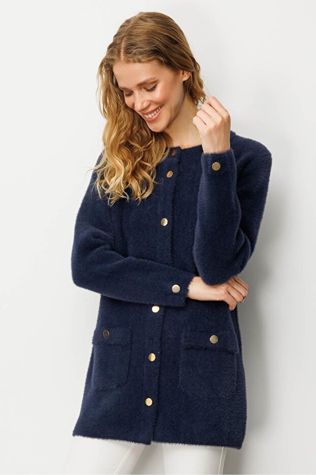 Women's Crew Neck Metal Button Araboy Aphrodite Knitwear Jacket Navy Blue