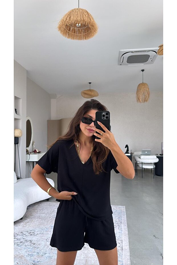 Μαύρο σορτς μπλούζα Modal Σετ - 2