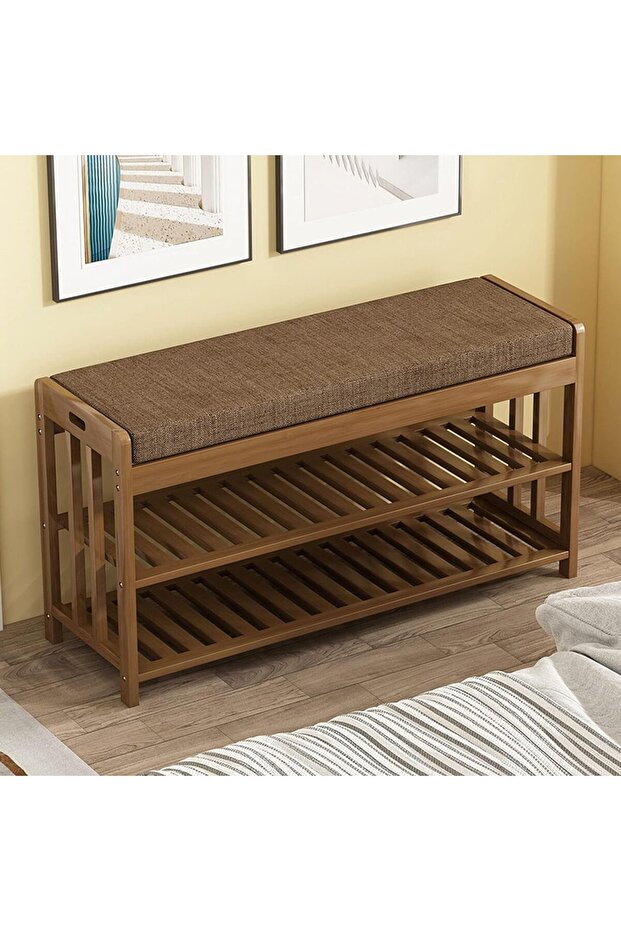 FFD Elegant Bamboo Shoe Rack Bench – 2-Tier Storage Seat with Cushion – Modern Entryway Cabinet