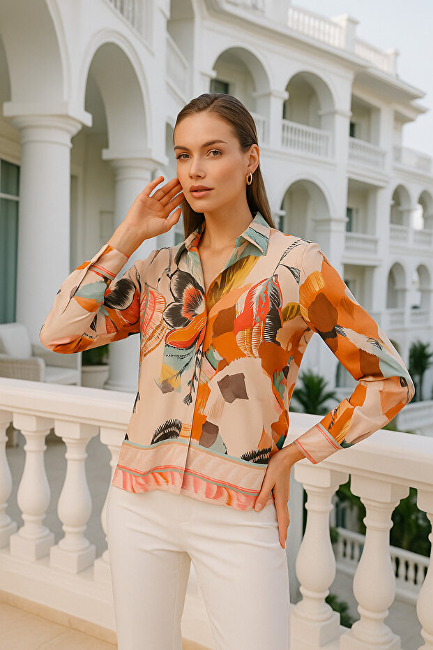 Women's Colorful Patterned Slim Fit Shirt with Hidden Button Detail