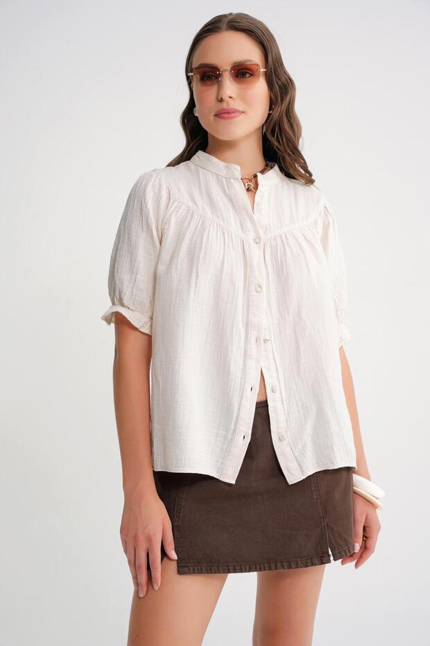 4725 Women's Gathered Sleeve Ruffled Muslin Shirt Natural