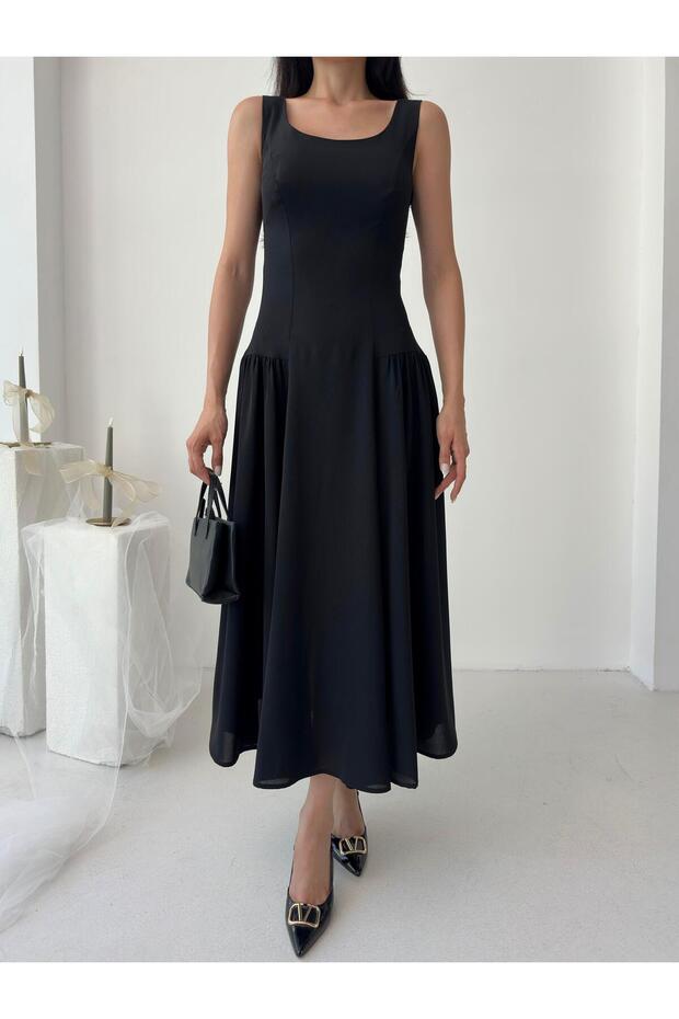 Siyah Kare Yaka Gipeli Midi Elbise - 4