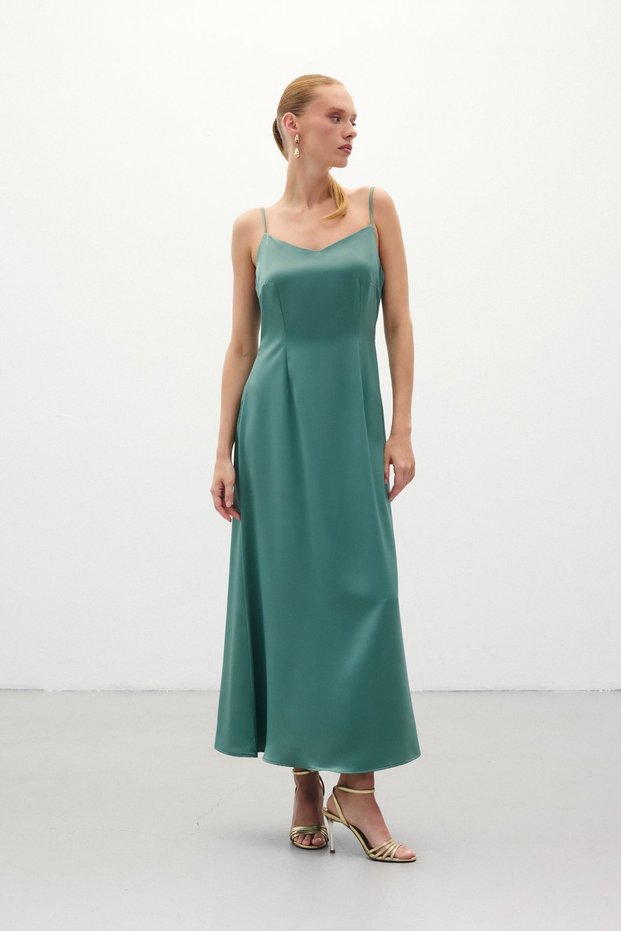 Rochie lungă din satin cu bretele - mentă