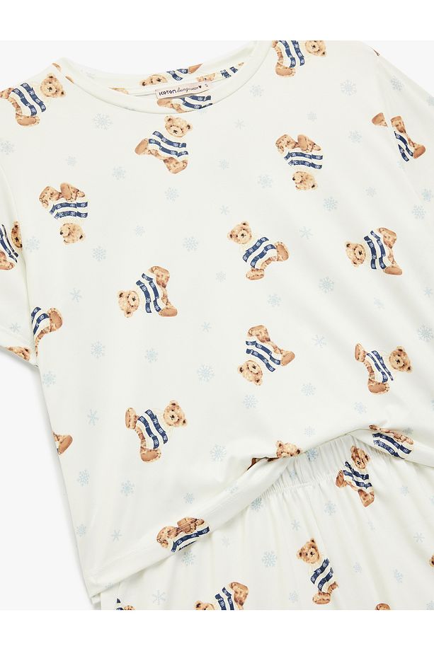 Rahat Kalıp Kısa Kollu Bisiklet Yaka Şortlu Ayıcık Baskılı Örme Pijama Takımı - 3