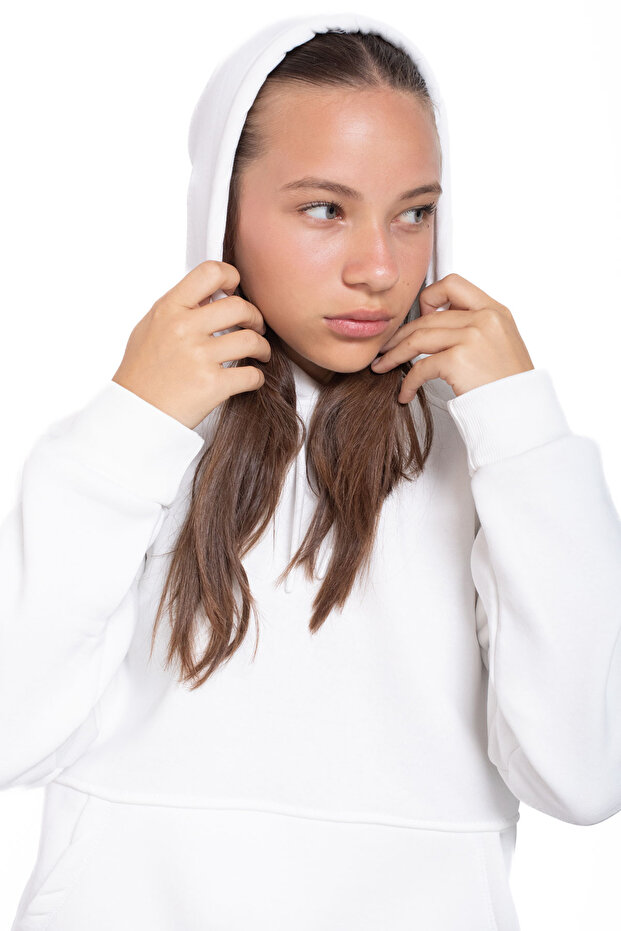 Ekru Kanguru Cepli Basic Şardonlu Kız Çocuk Kapüşonlu Sweatshirt 21210 - 2