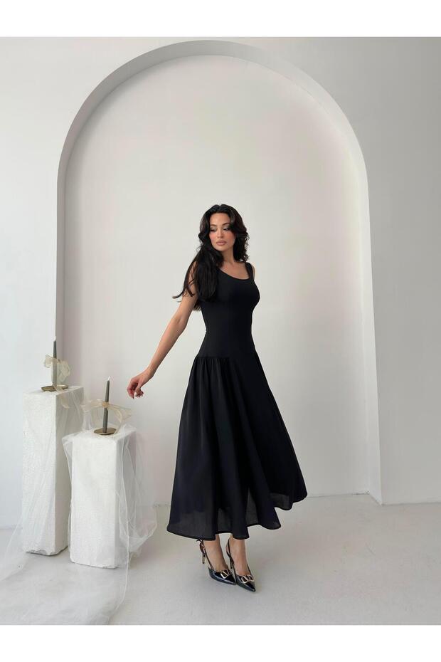 Siyah Kare Yaka Gipeli Midi Elbise - 2