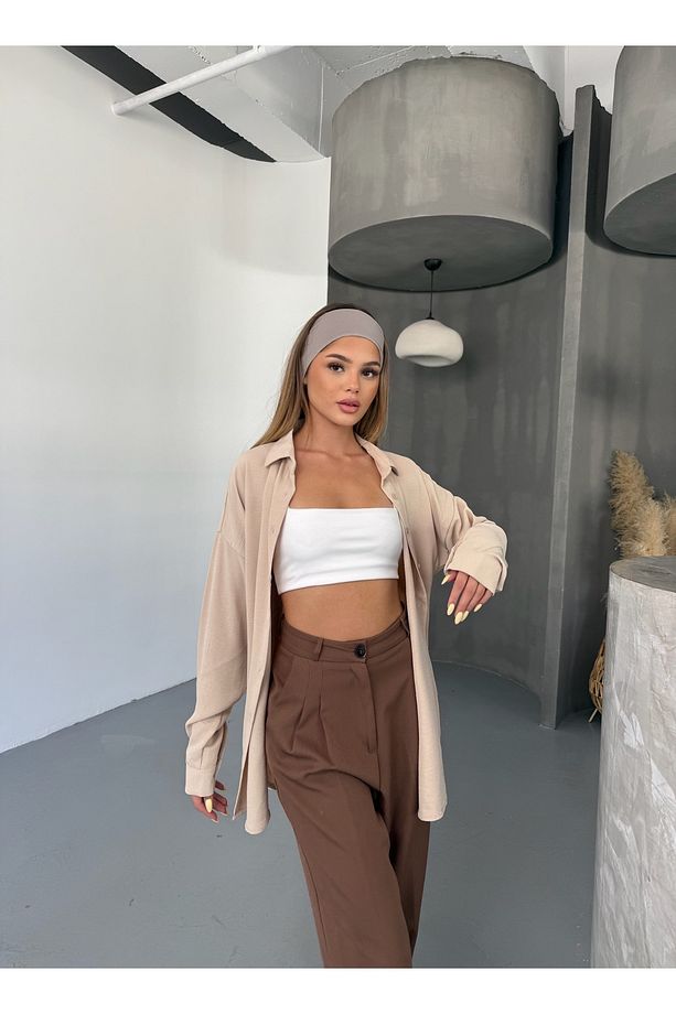 Kadın Bej Oversize Keten Ayrobin Gömlek - 6