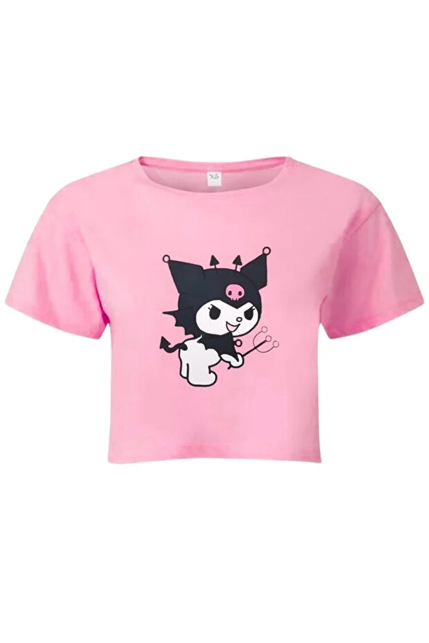 Kids Black White Kuromi Printed 100% Cotton Crop T-Shirt
