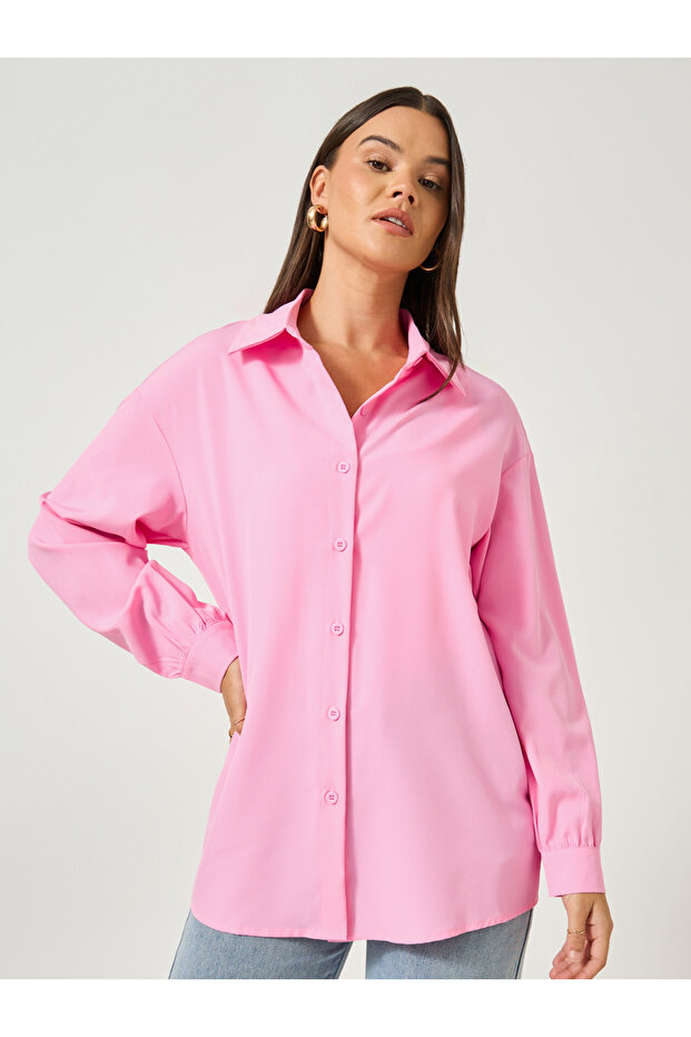 Solid Button Front Long Sleeve Shirt - 3