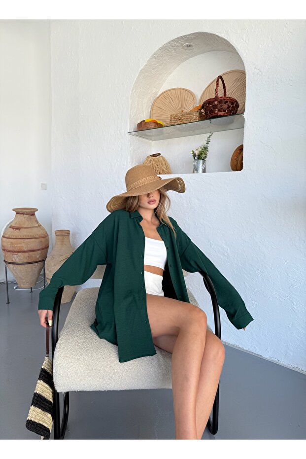 Жіноча сорочка oversize з темно-зеленого льону Ayrobin - 8