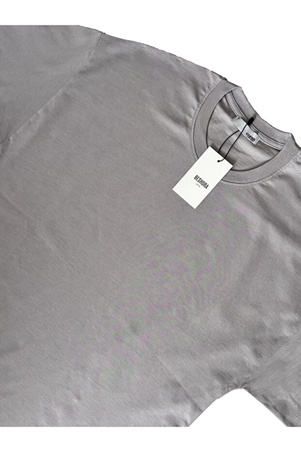 تي شيرت رجالي كبير الحجم بدون طباعة وياقة دائرية باللون الرمادي - 1