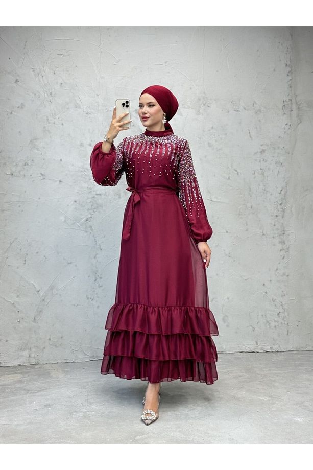 Mini İnci ve Taş İşlemeli Kat Etekli Tül Abiye Bordo - 3