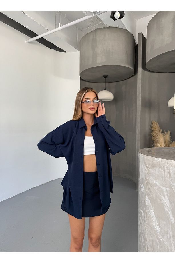 Kadın Lacivert Oversize Keten Ayrobin Gömlek - 3