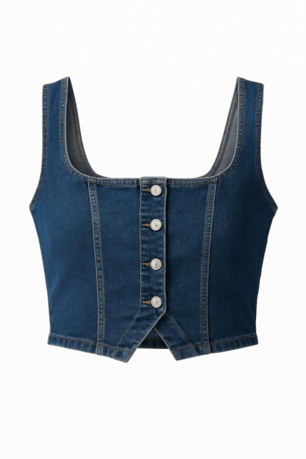 Düğmeli Denim YELEK - 3