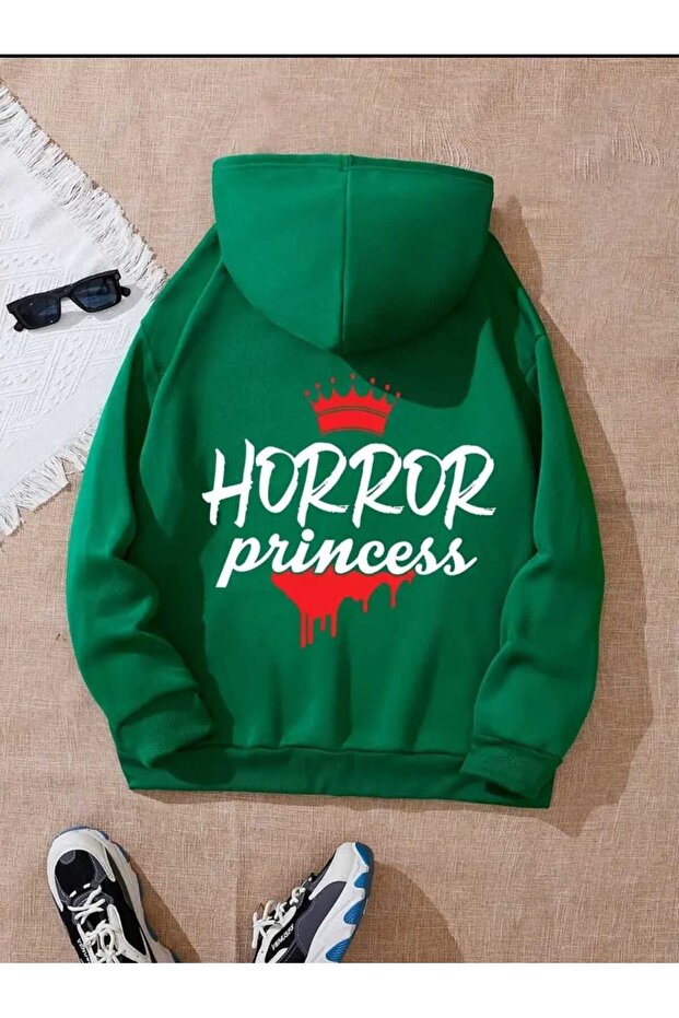 Horror Princess Back Printed Hooded Pocket Cotton Green Sweatshirt