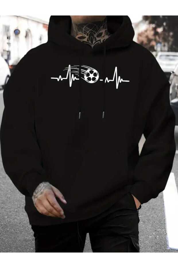 Soccer Rythm Printed Hooded Pocket Black Sweatshirt with Wool Inside
