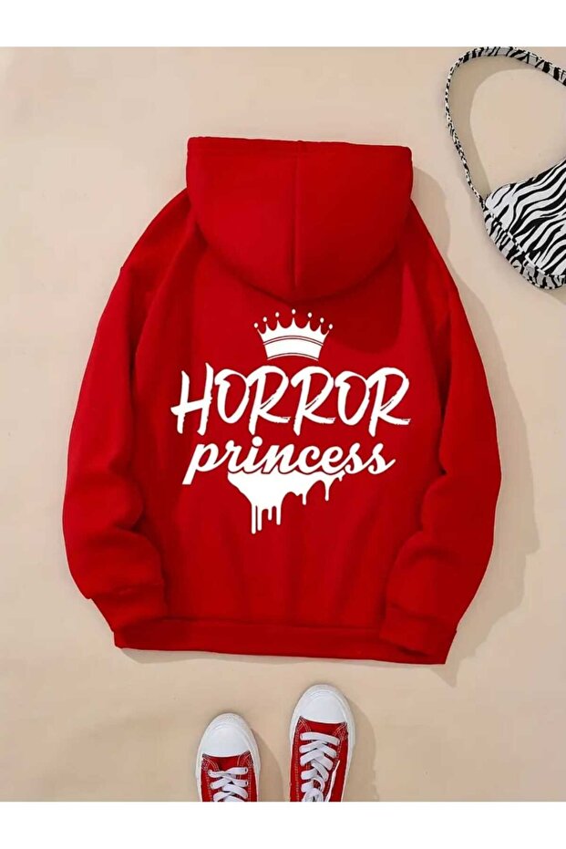 Horror Princess Back Printed Hooded Pocket Cotton Red Sweatshirt