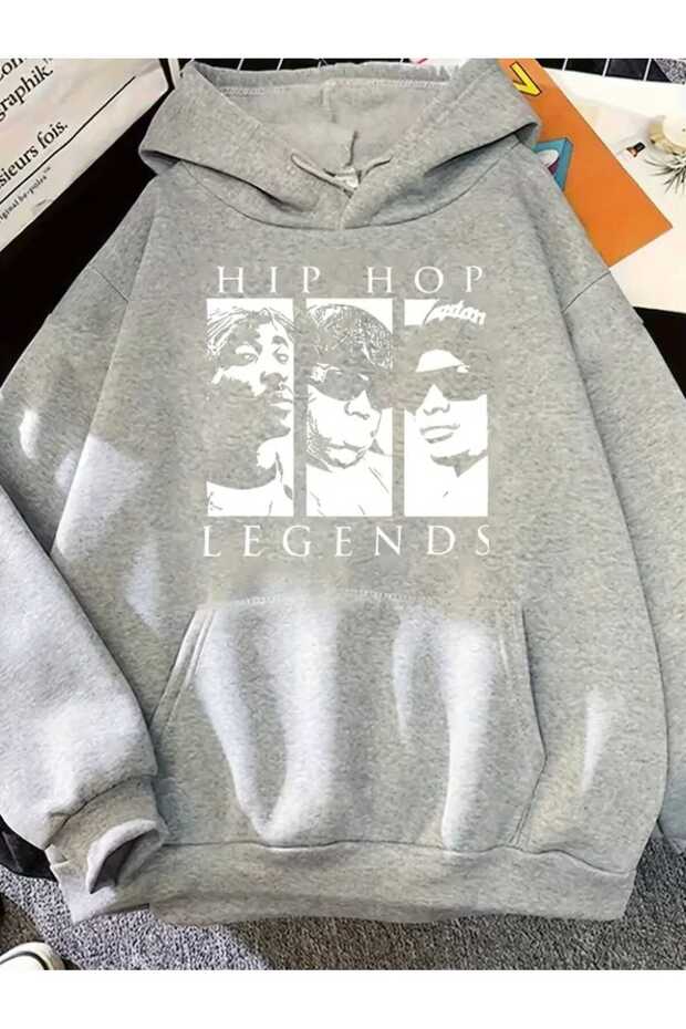 Hip Hop Legends Printed Hooded Pocket Wool Inside Gray Sweatshirt